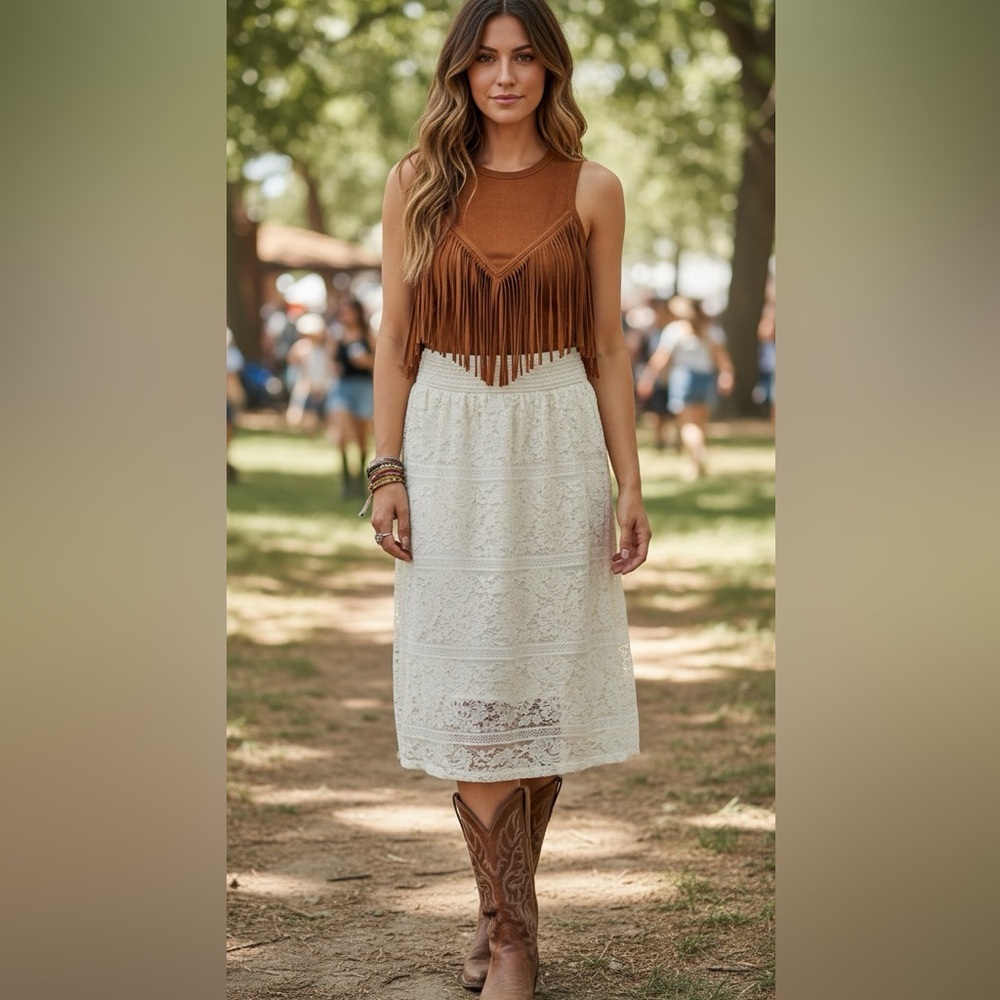 New Me 2 Magic sz M pull on lace ivory floral midi skirt boho cottage Victorian